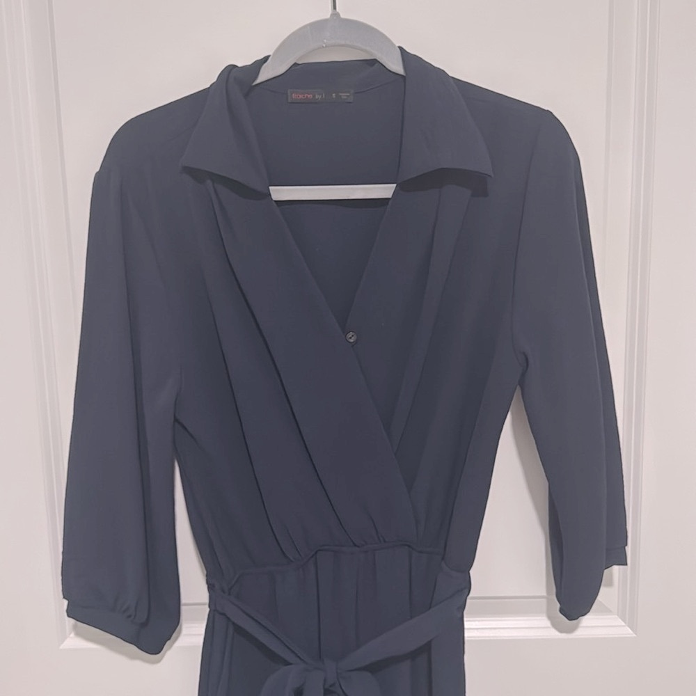 Fraiche by J Tie Waist Long Sleeve Jumpsuit in Navy - Picture 4 of 6